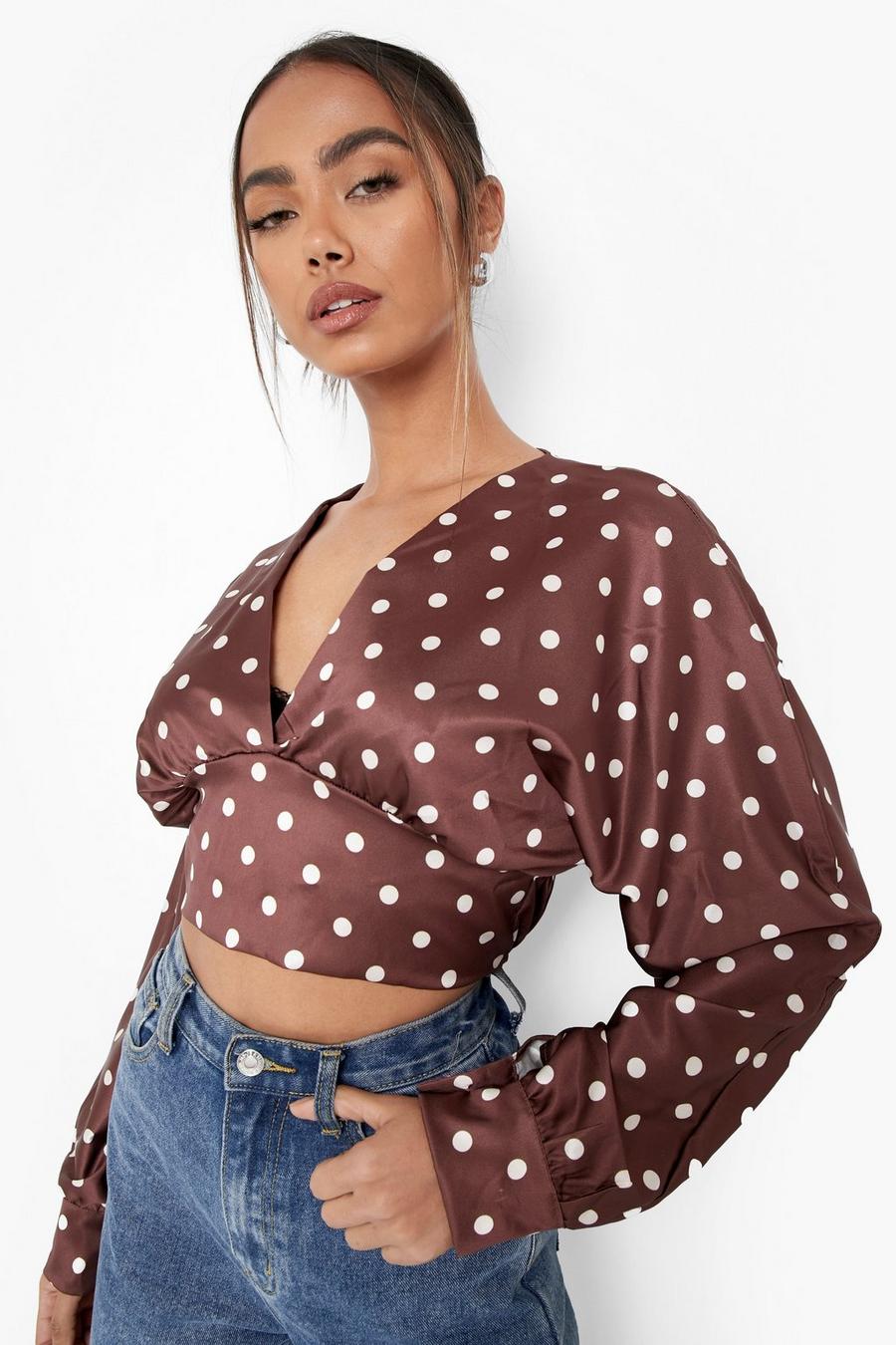 Crop top a pois in raso con scollo a  V, Chocolate image number 1