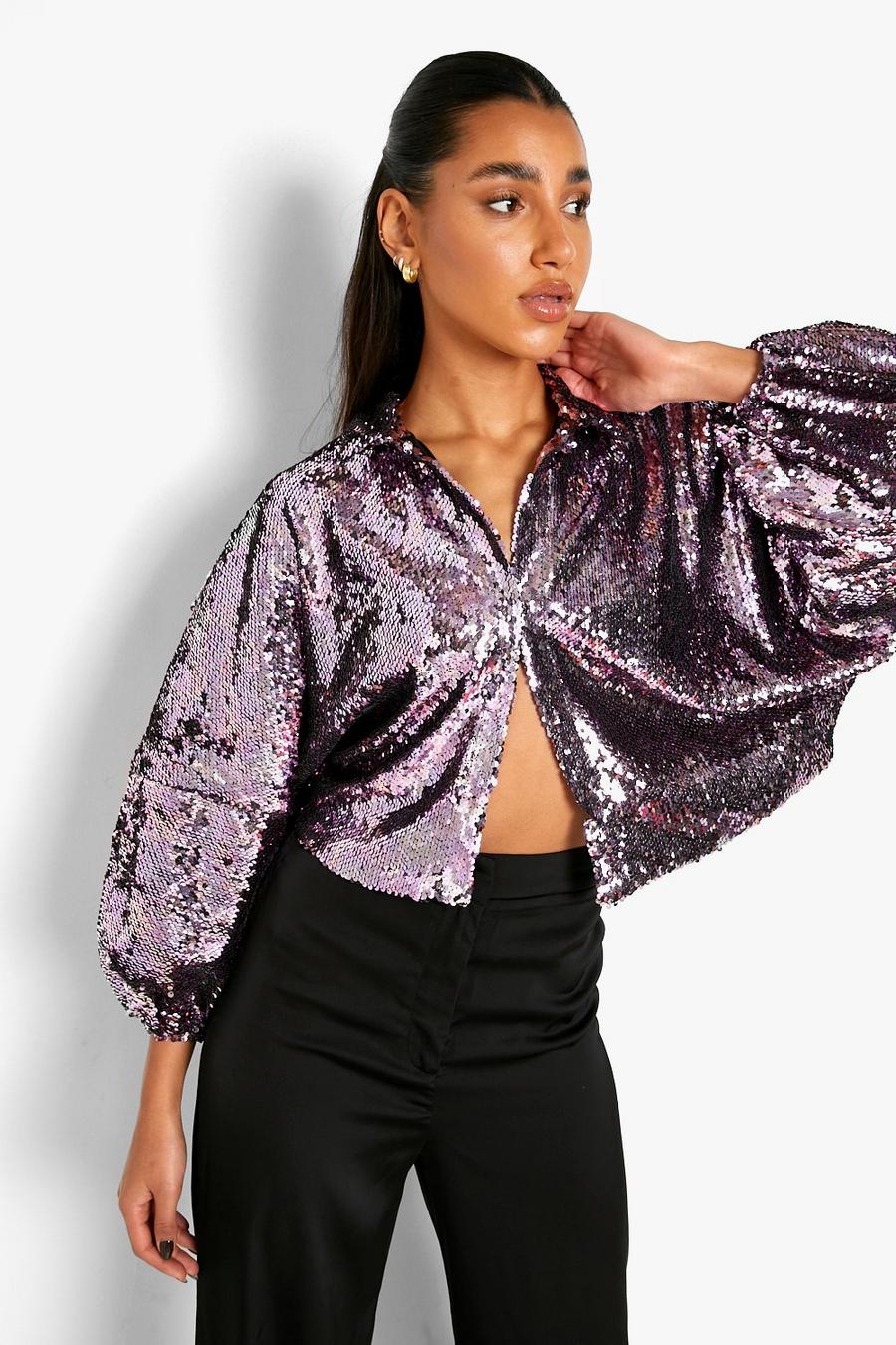 Lilac Sequin Volume Sleeve Shirt image number 1