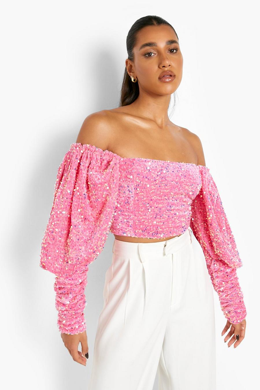 Hot pink Velvet Sequin Puff Sleeve Top