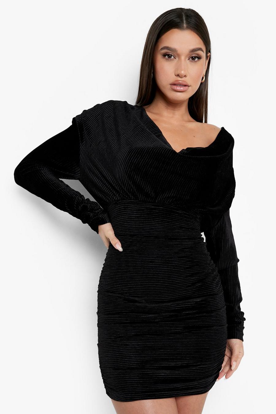 Black Plisse Cowl Neck Mini Dress