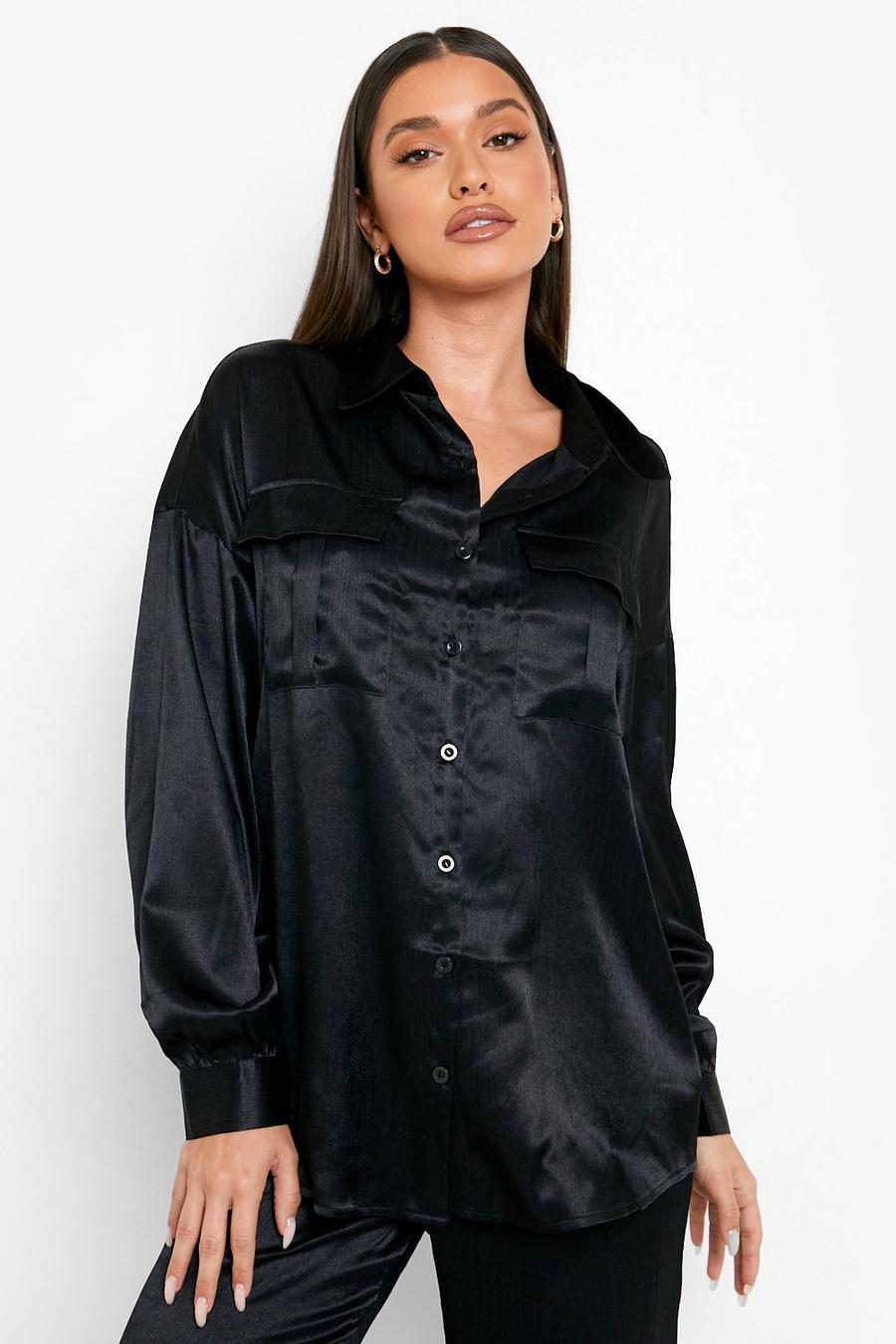 Camisa de raso texturizada holgada, Black image number 1