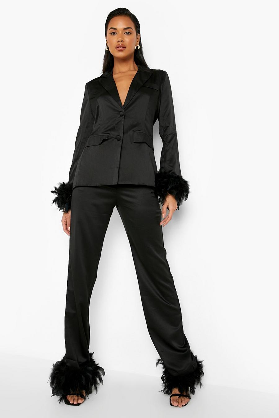 Black Feather Hem Matte Satin Tailored Trousers image number 1