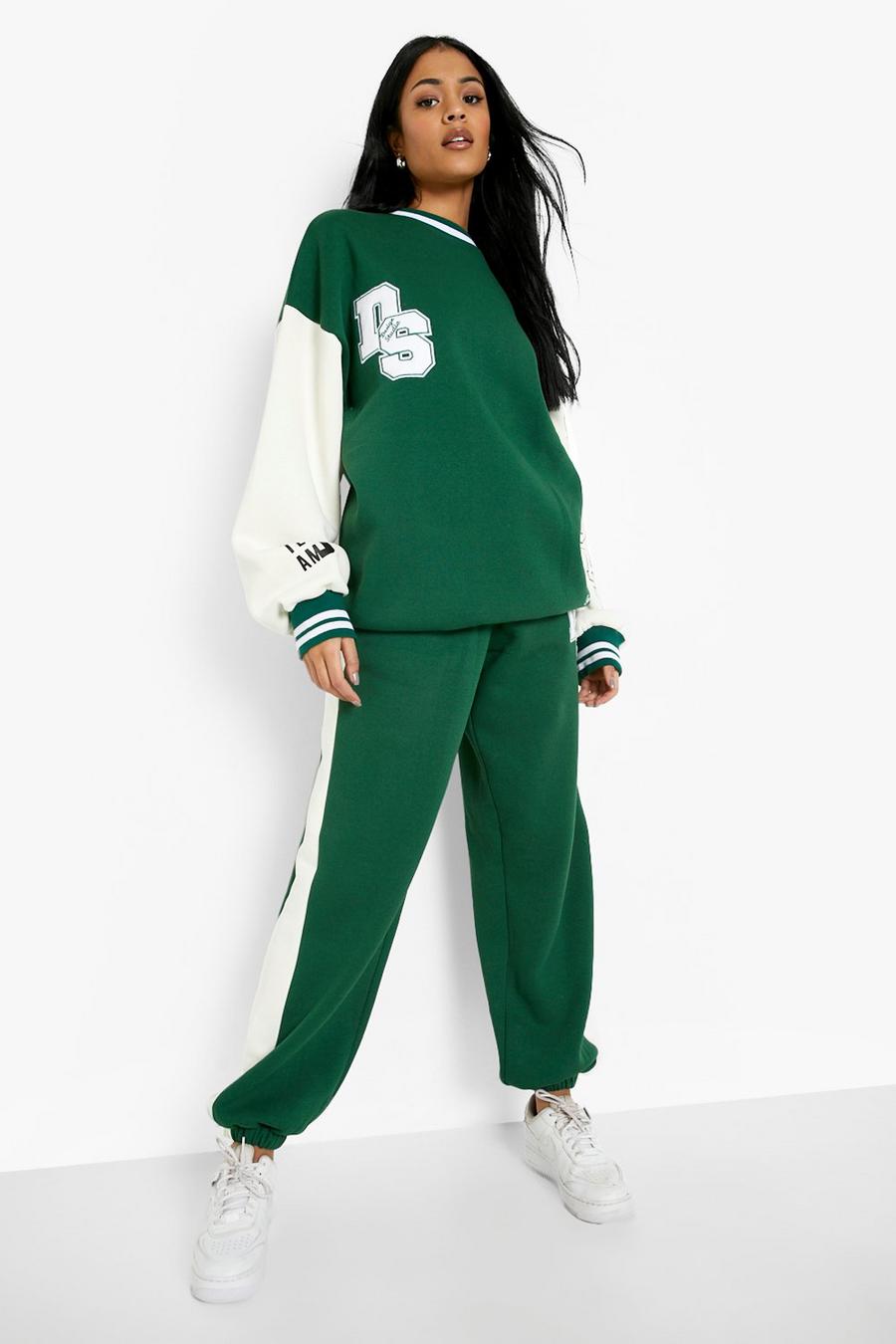 ירוק חליפת טרנינג סווטשירט אוברסייז בסגנון נבחרת ספורט, לנשים גבוהות image number 1