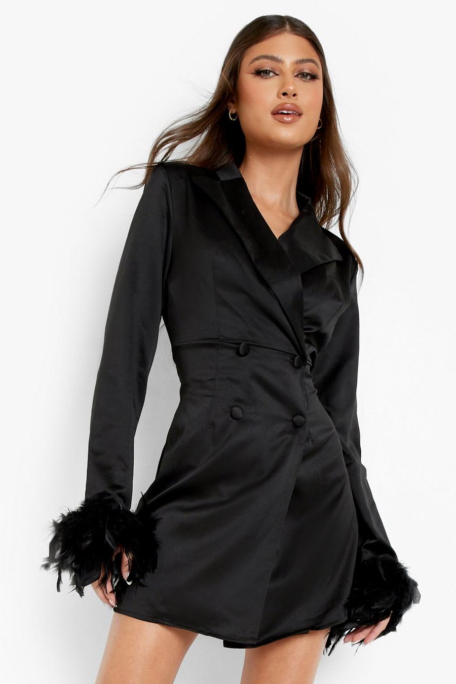 Black Feather Cuff Satin Blazer Dress image number 1