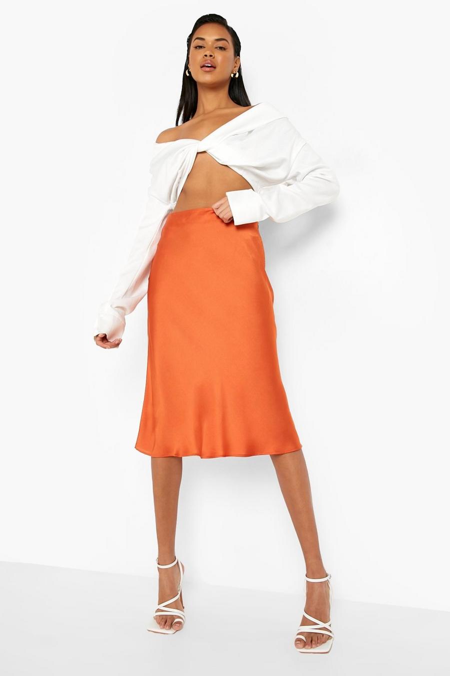 Rust orange Satin Midi Skirt