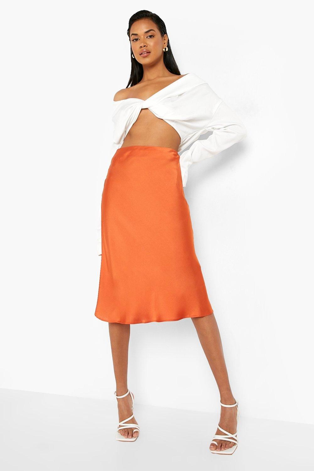 Vila Michu Bias Cut Satin Midi Slip Skirt In Bright Orange Ph 