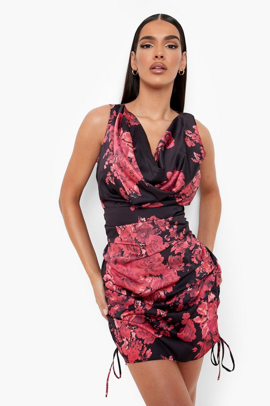 Red Printed Side Ruched Cowl Neck Slip Dress
