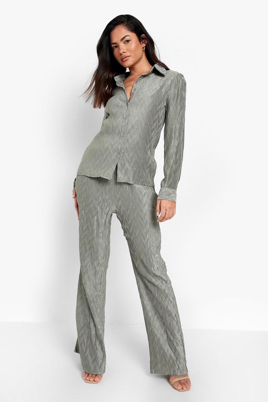 Khaki Premium Textured Plisse Wide Leg Pants image number 1