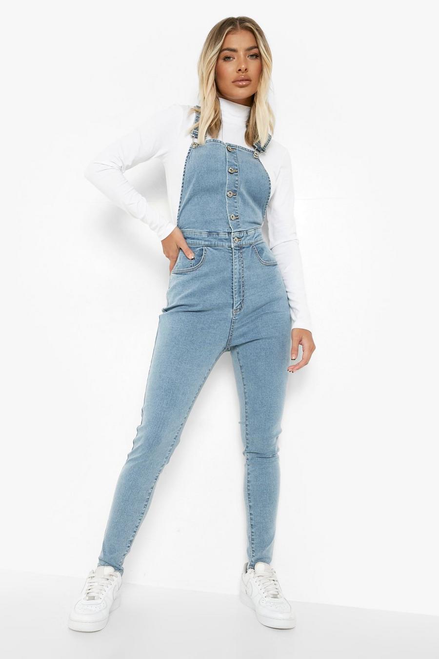 Mid wash Button Through Skinny Denim Dungarees image number 1