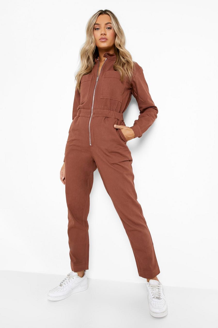 Boohoo Denim Cord Boilersuit in Chocolate Womens Clothing Suits Trouser suits Brown 