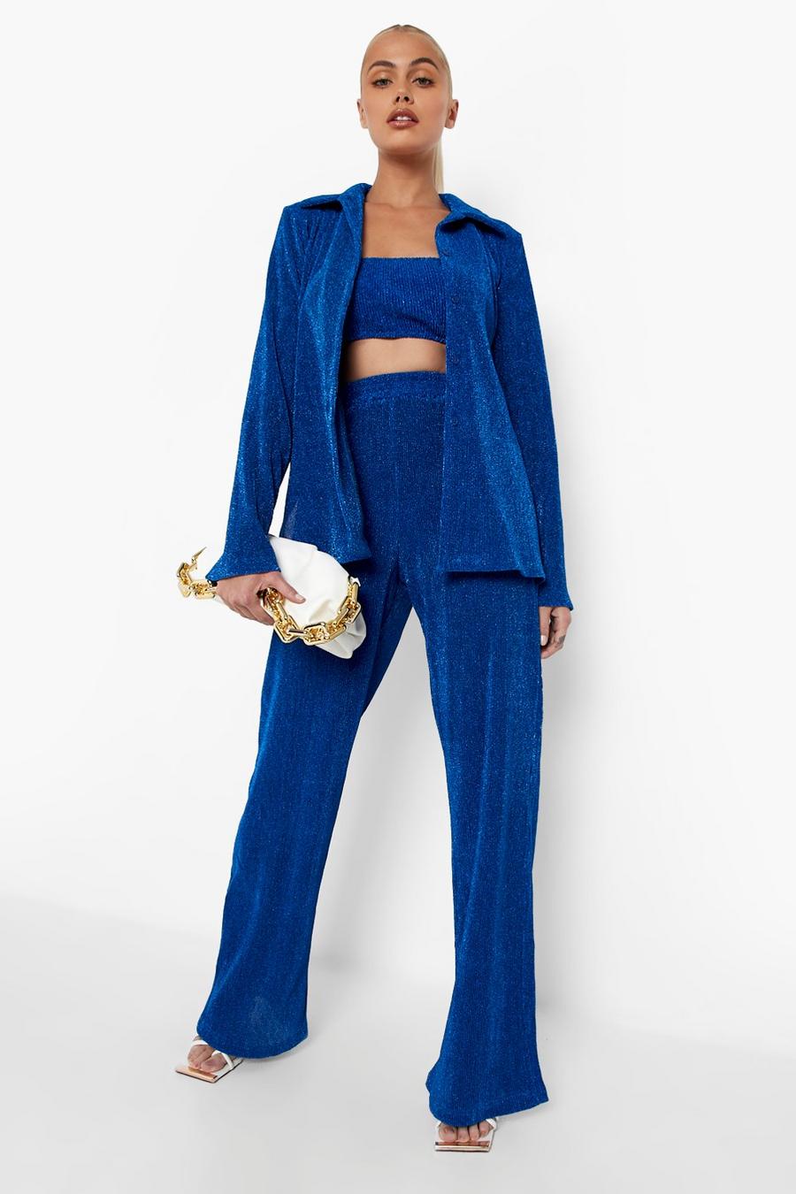 Pantalon large plissé effet métallisé, Cobalt bleu