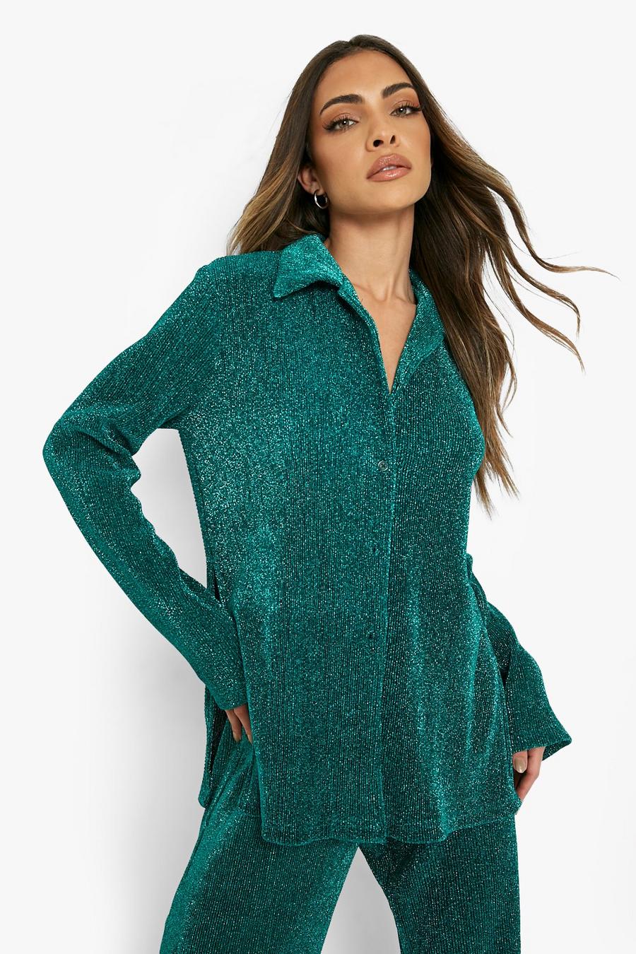 Oversize Plissee-Hemd in Metallic-Optik, Emerald image number 1