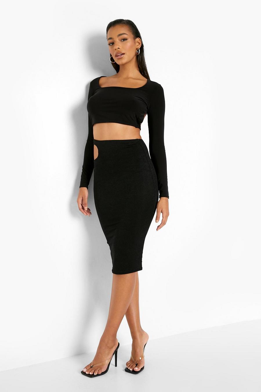 Black Textured Slinky Side Cut Out Midi Skirt