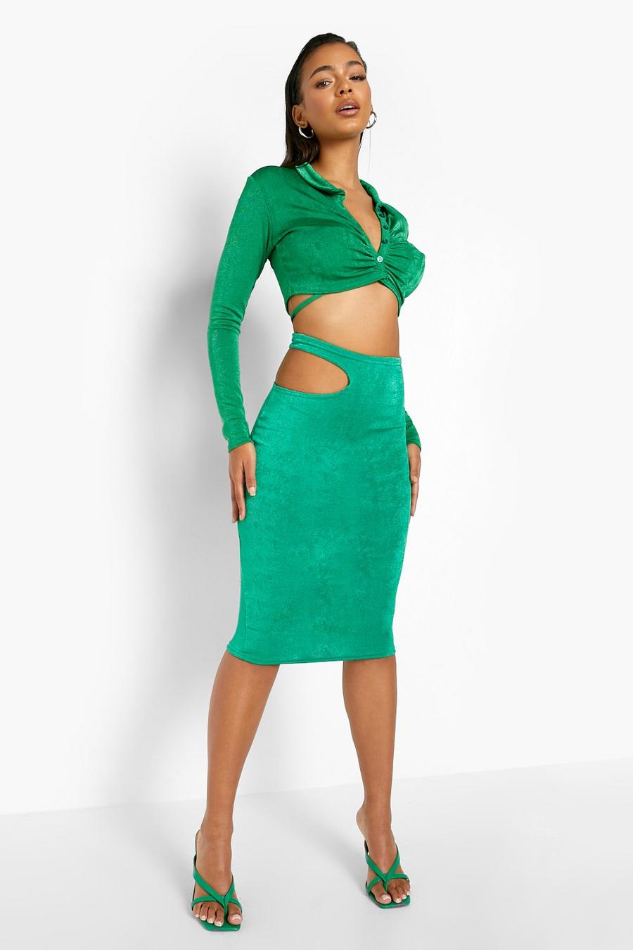 Green Textured Slinky Side Cut Out Midi Skirt image number 1