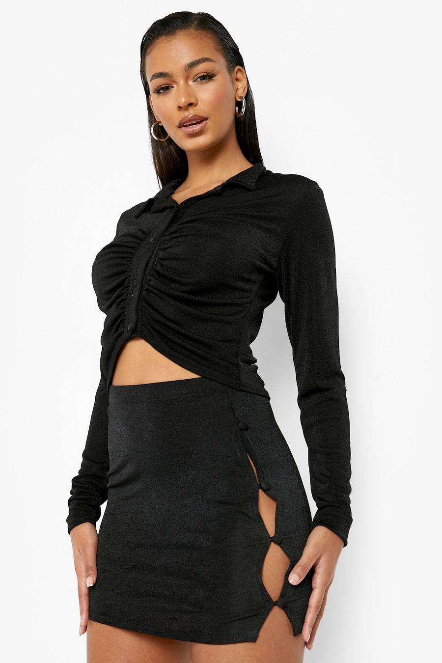 Black Textured Slinky Button Detail Mini Skirt image number 1