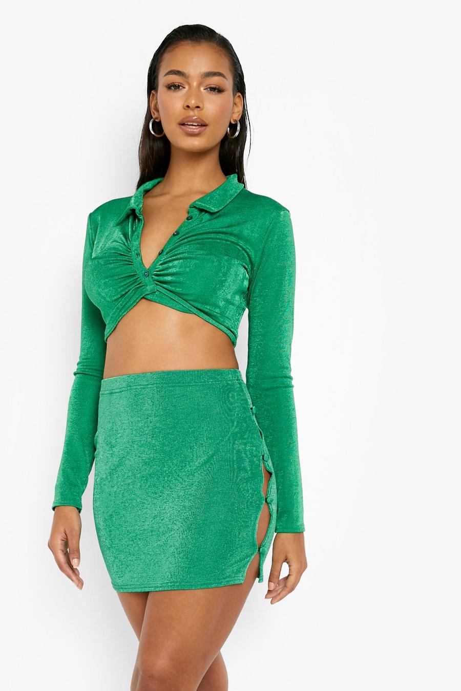 Green Textured Slinky Button Detail Mini Skirt image number 1