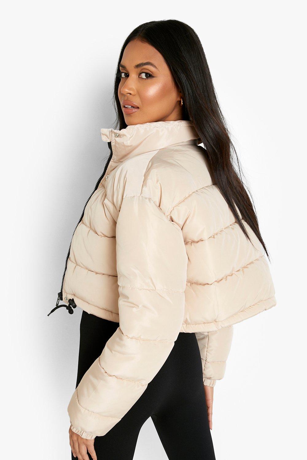 Black Cropped Peach Skin Bubble Puffer Jacket