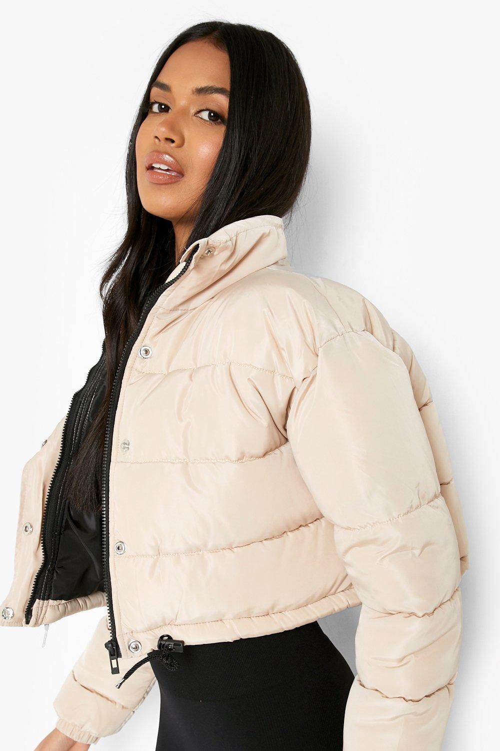 Black Cropped Peach Skin Bubble Puffer Jacket