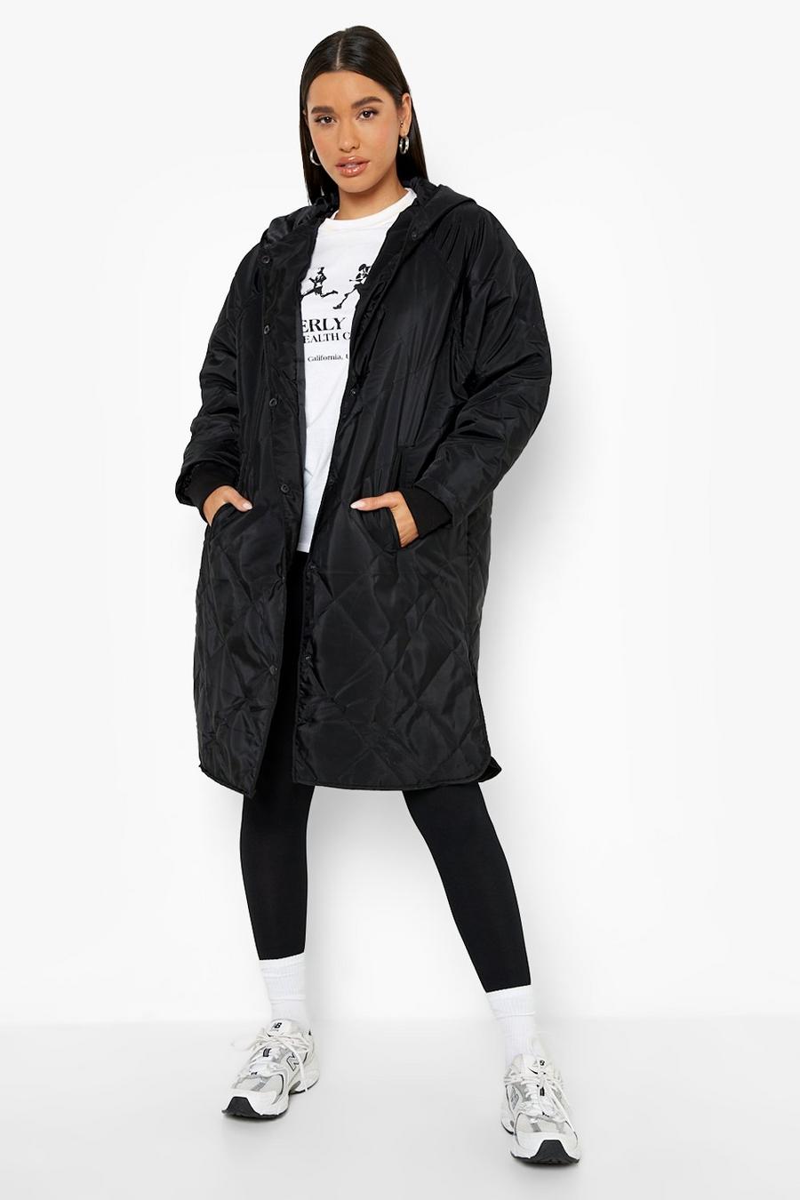 Black Quilted Hooded Longline Padded Jacket