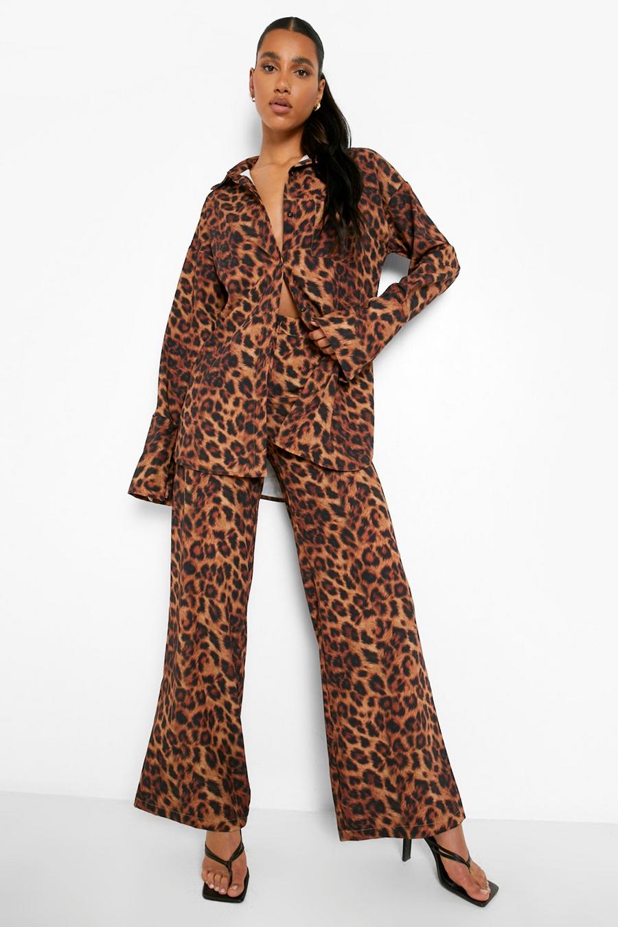Caramel Leopard Print Matte Satin Wide Leg Pants image number 1
