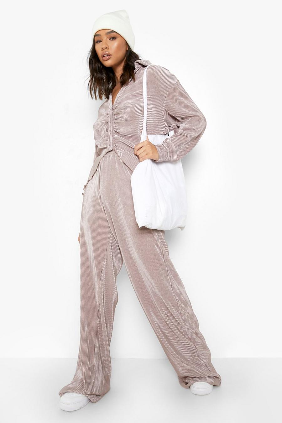 Sand beis Plisse Wide Leg Trousers
