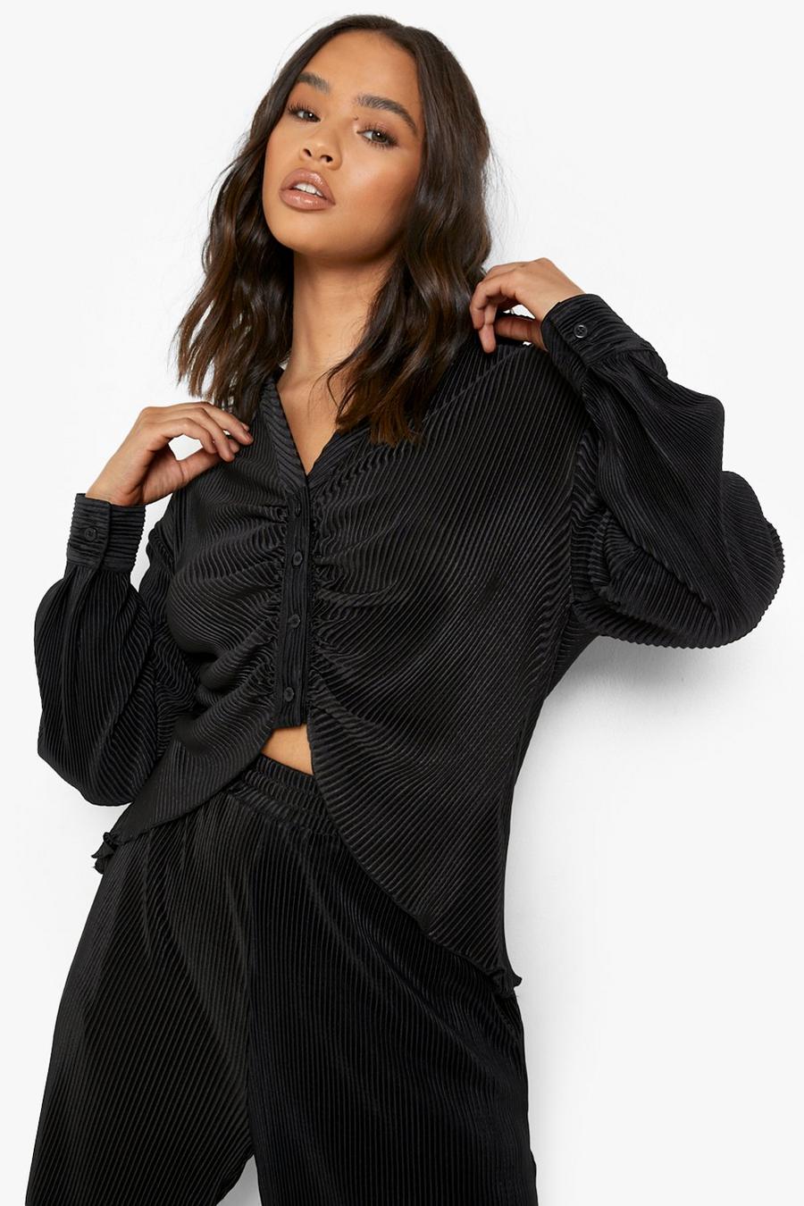 Black Plisse Ruched Relaxed Fit Shirt image number 1