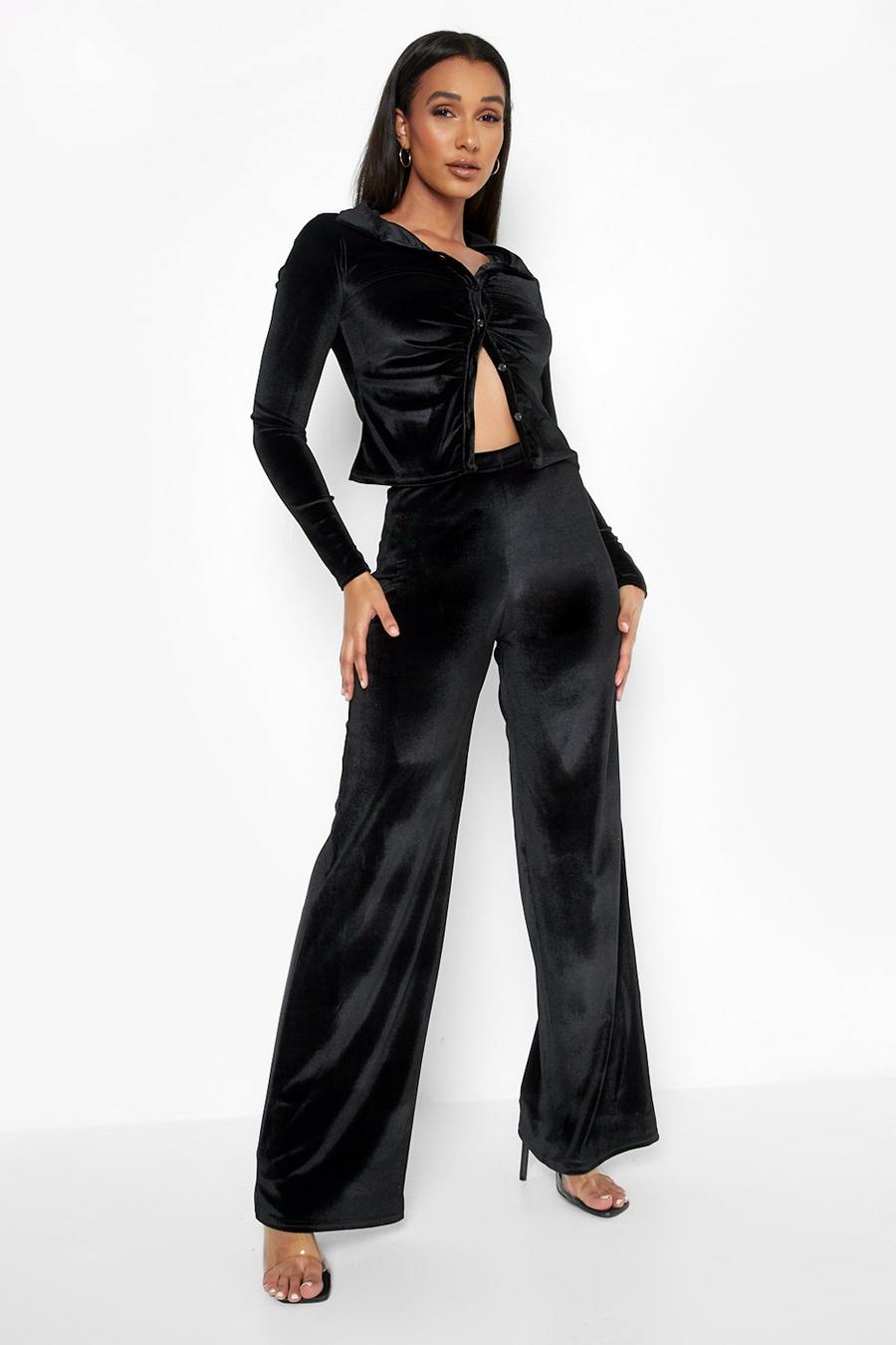 Black Velvet Ruched Front Shirt & Wide Leg Trousers image number 1