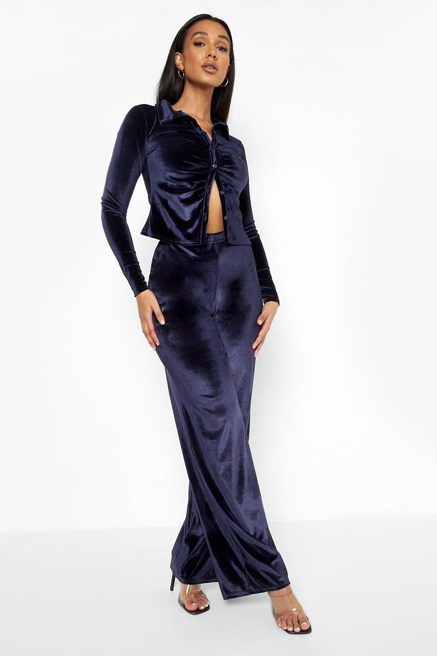 Midnight Velvet Ruched Front Shirt & Wide Leg Trousers image number 1