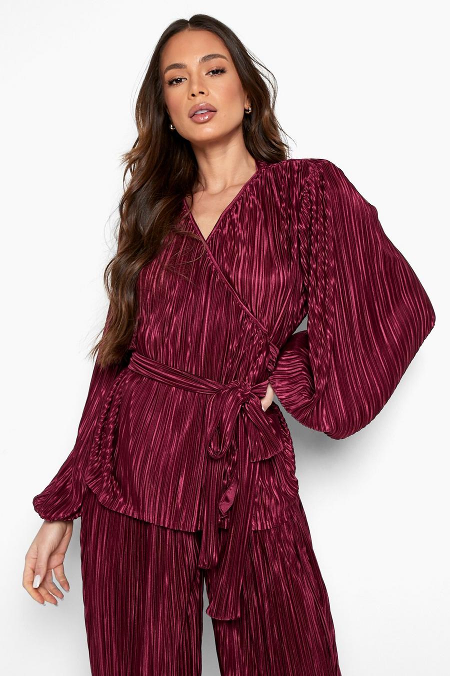 Berry Plisse Wrap Blouse With Shoulder Pads image number 1