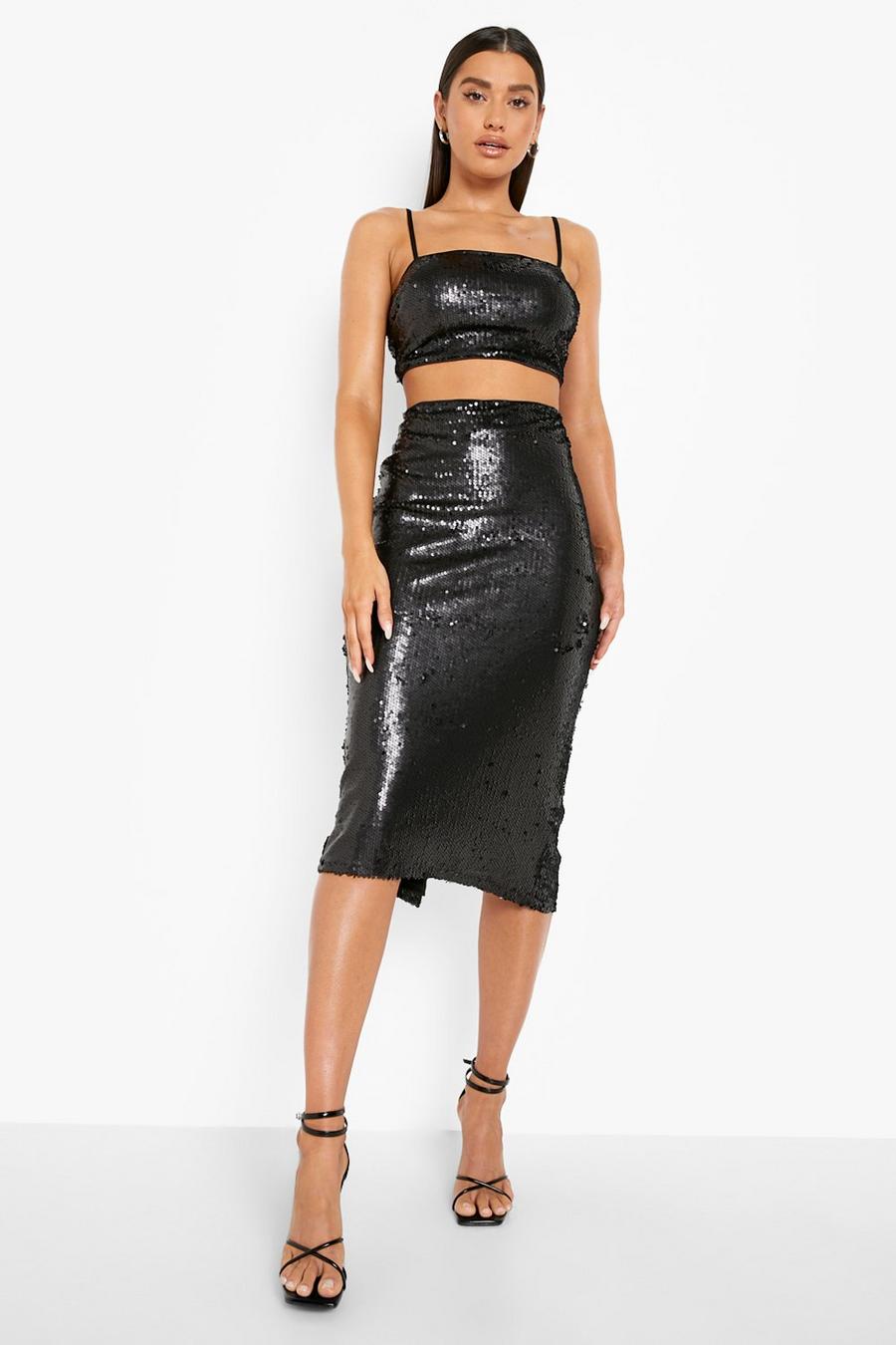 Black Matte Sequin Midaxi Skirt image number 1