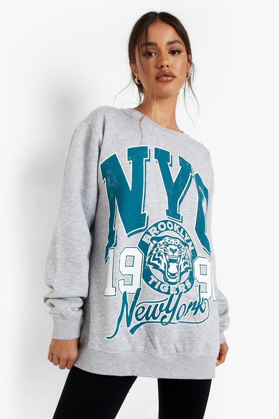 Grey Nyc Varsity Printed Oversized Sweater image number 1