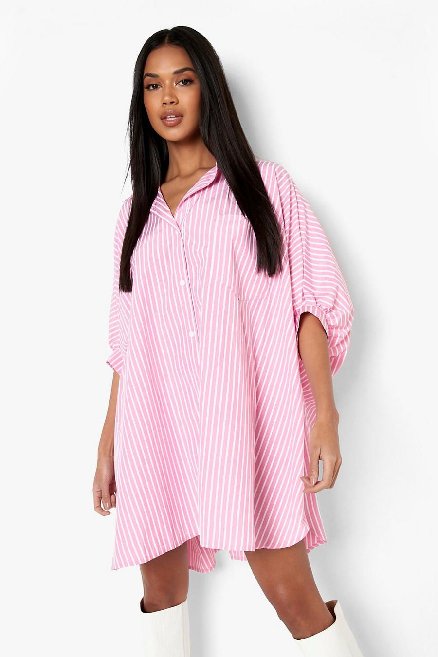 Pink Stripe Batwing Oversized Shirt Dress image number 1