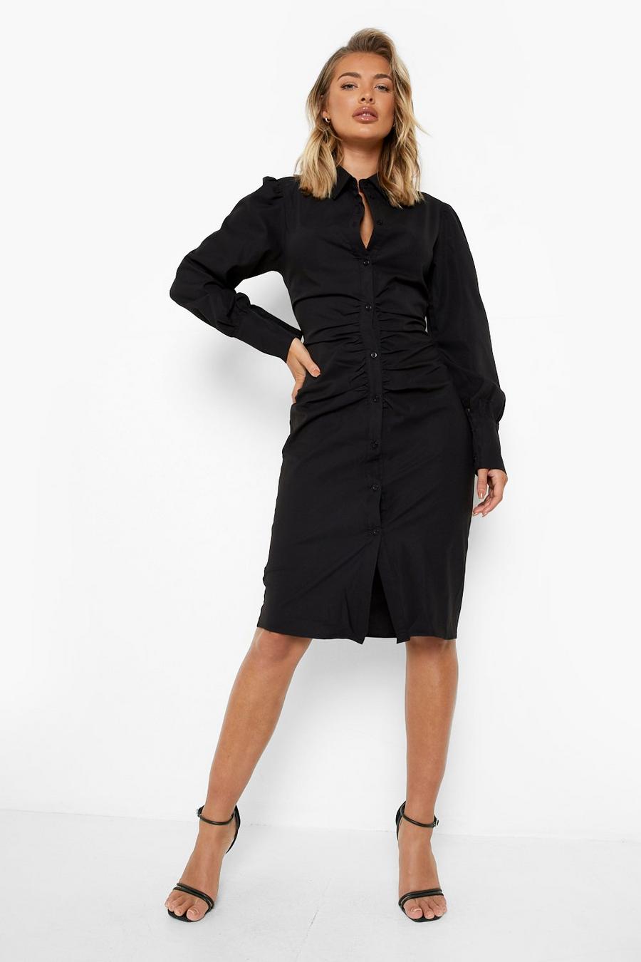Black Cotton Rouched Front Midi Shirt Dress image number 1