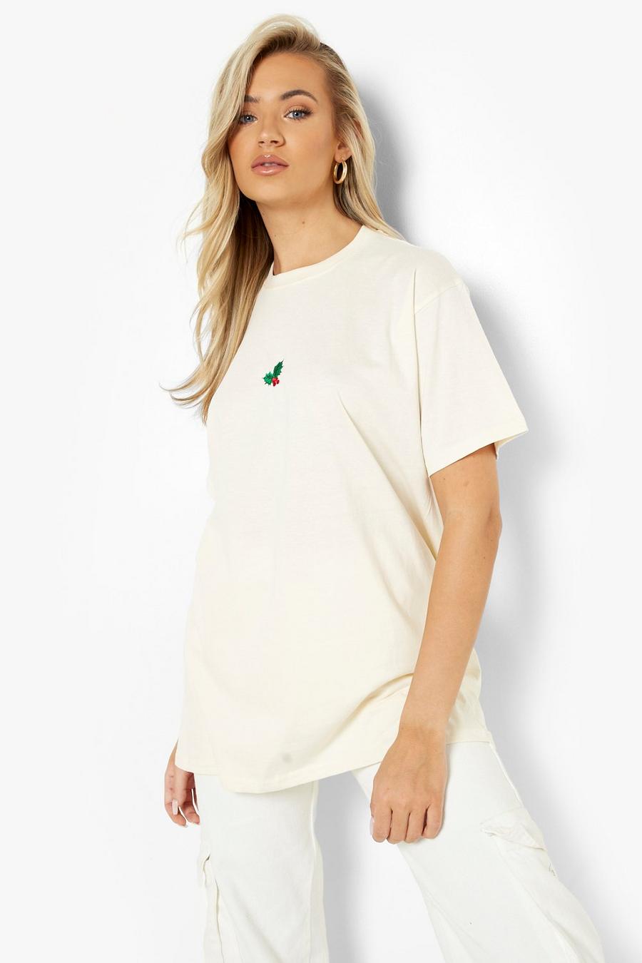 Ecru Holly Embroidered Oversized T-shirt image number 1