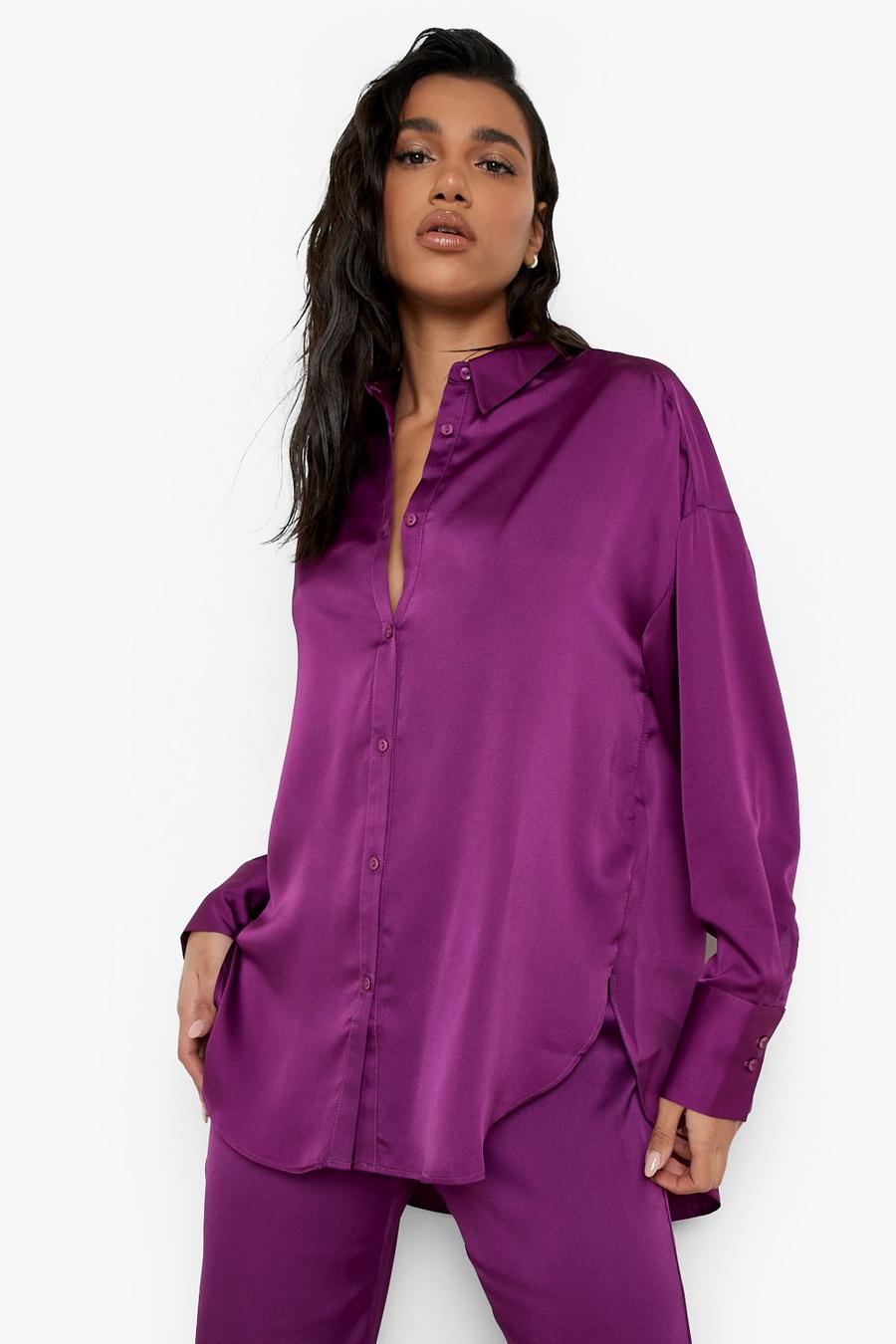 Oversize Satin-Hemd, Midnight purple image number 1