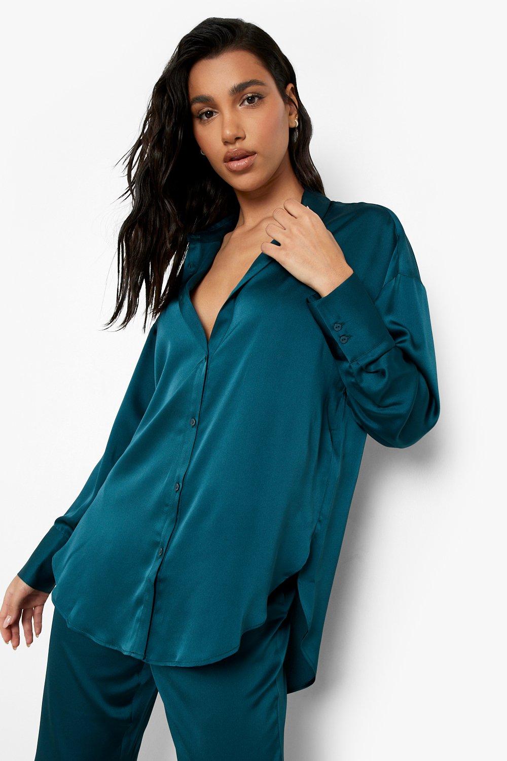 blue satin button up shirt