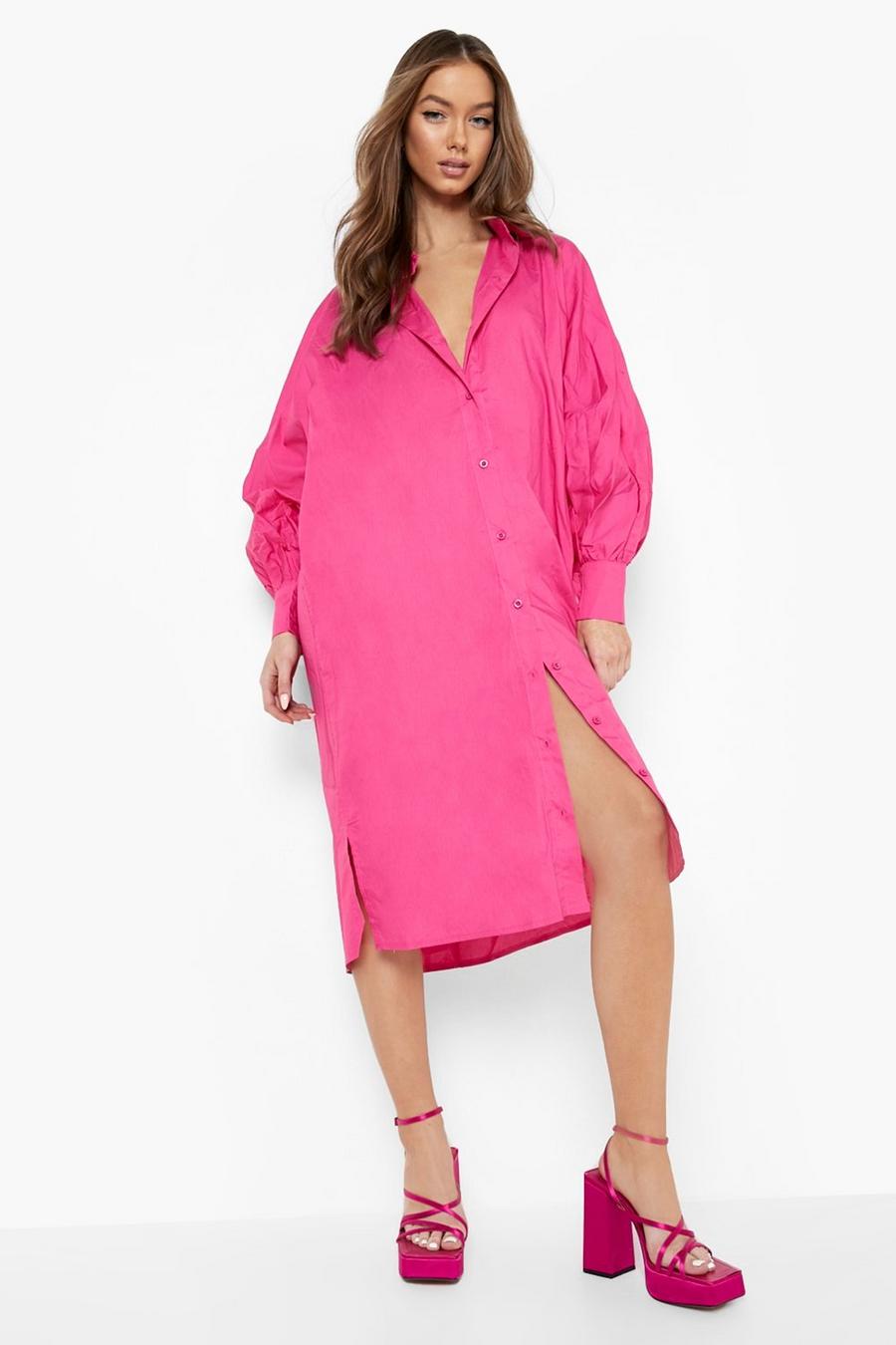Hot pink Oversized Balloon Sleeve Midi Shirt Dress image number 1