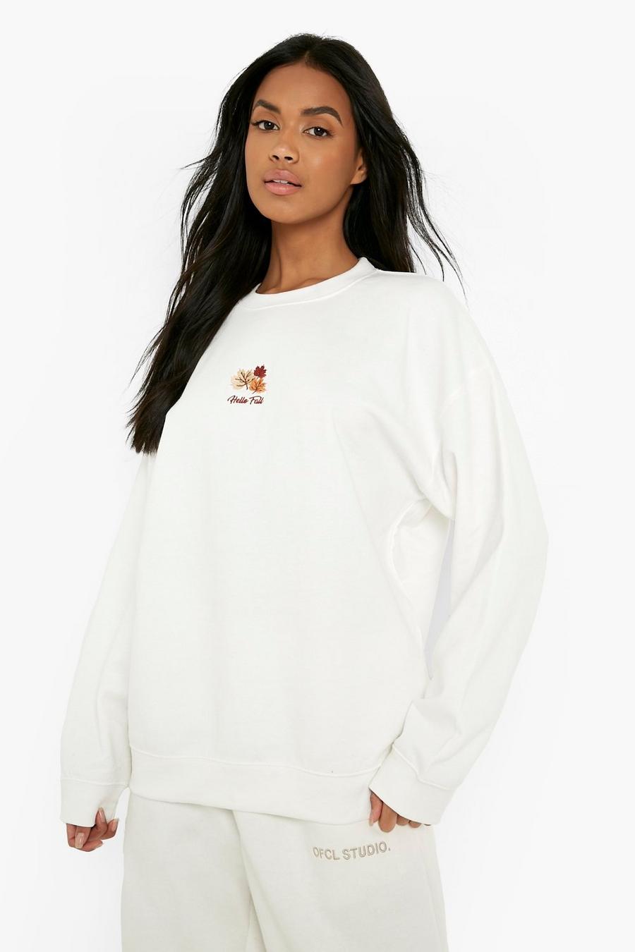 Oversize Sweatshirt mit Hello Fall Stickerei, Ecru blanc