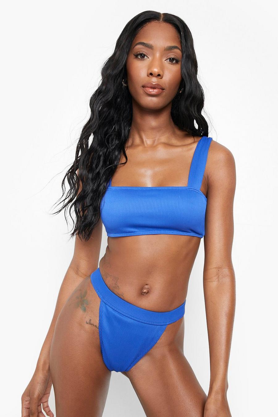 Pacific blue Recycled Rib Square Neck Strappy Bikini Top image number 1