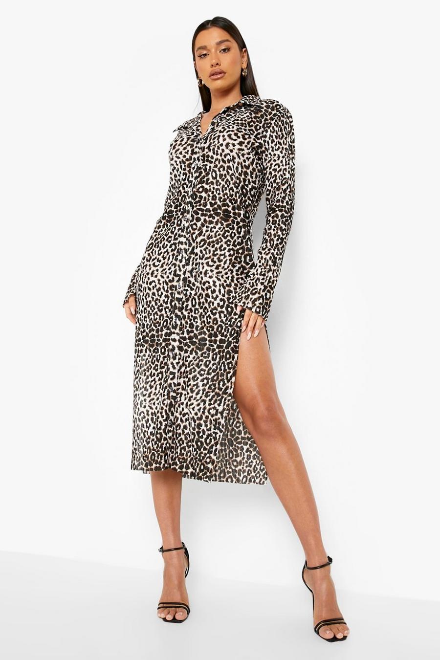 Natural Leopard Print Plisse Midi Shirt Dress image number 1