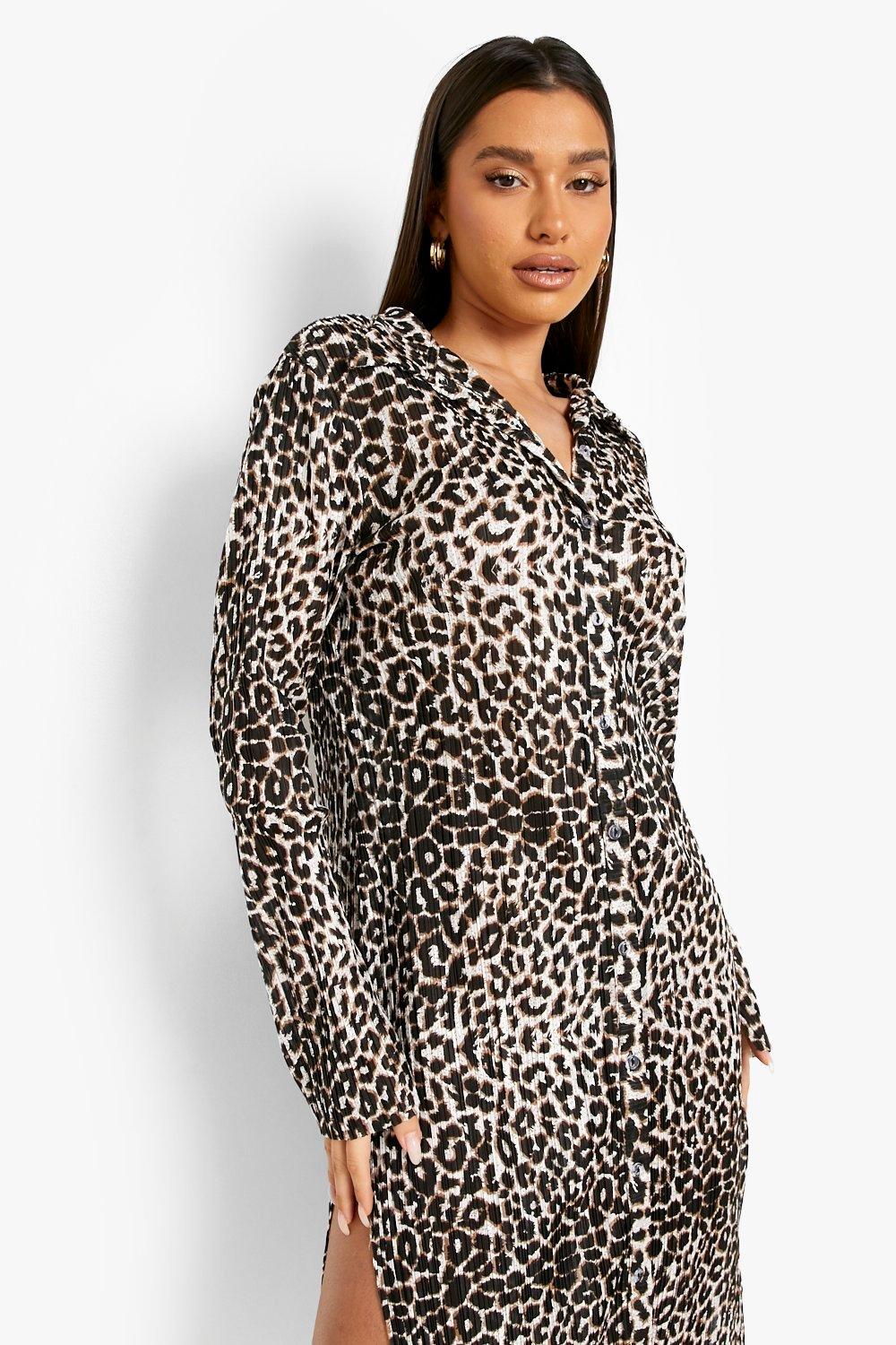 Leopard Print Plisse Midaxi Shirt Dress boohoo NZ