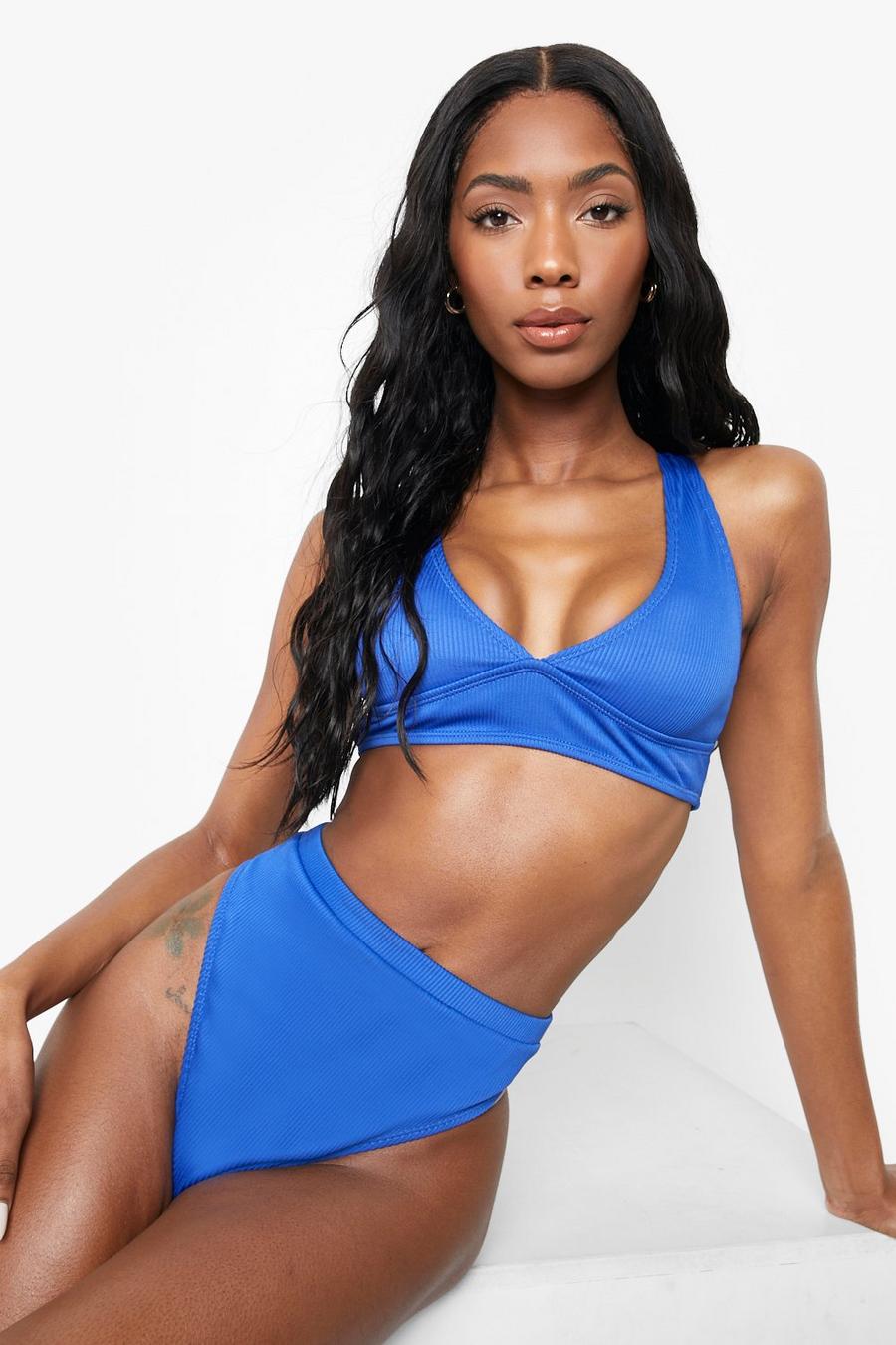 Slip bikini a vita alta a coste in fibre riciclate, Pacific blue azzurro