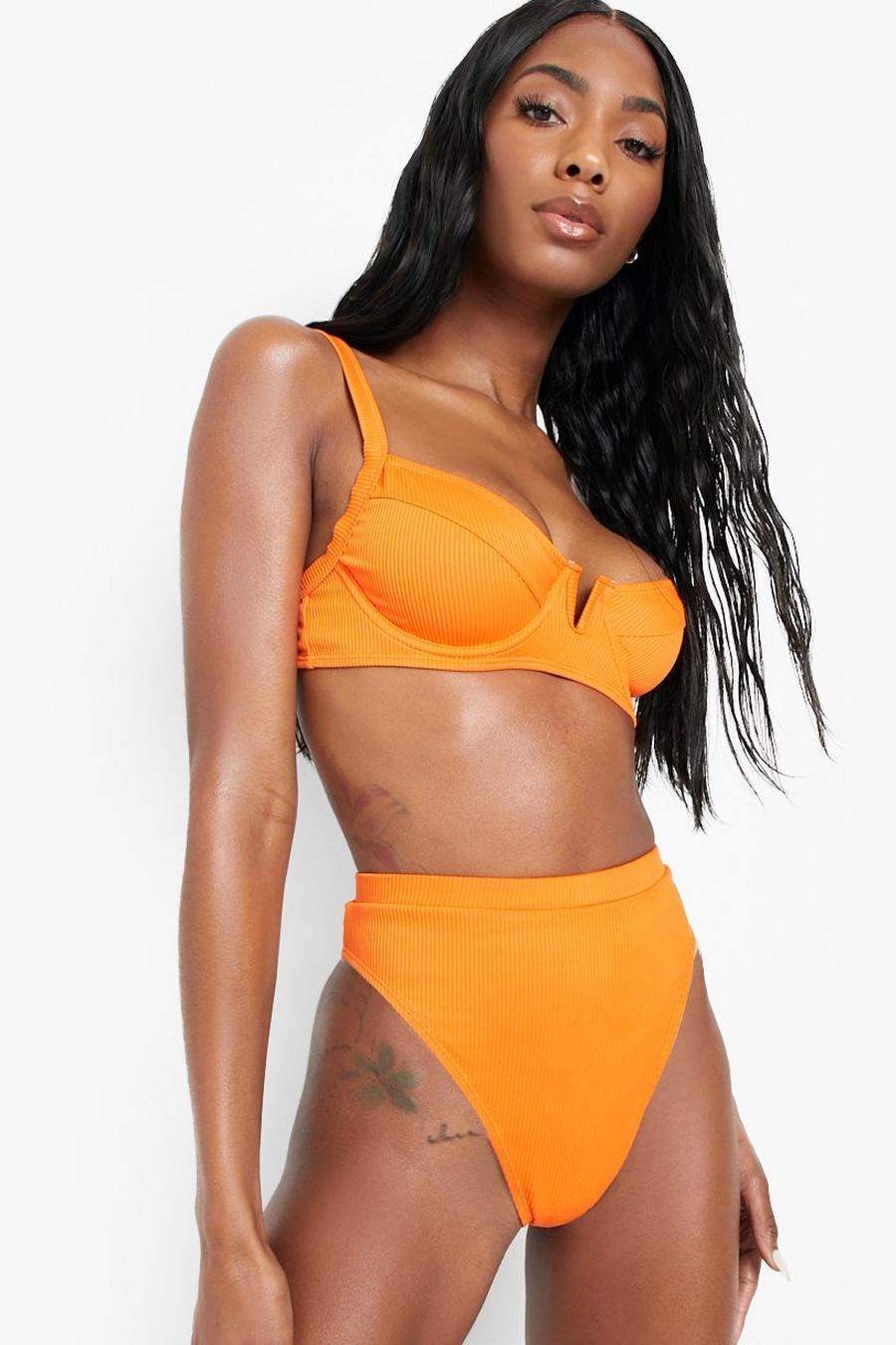 Slip bikini a vita alta a coste in fibre riciclate, Tropical orange arancio image number 1