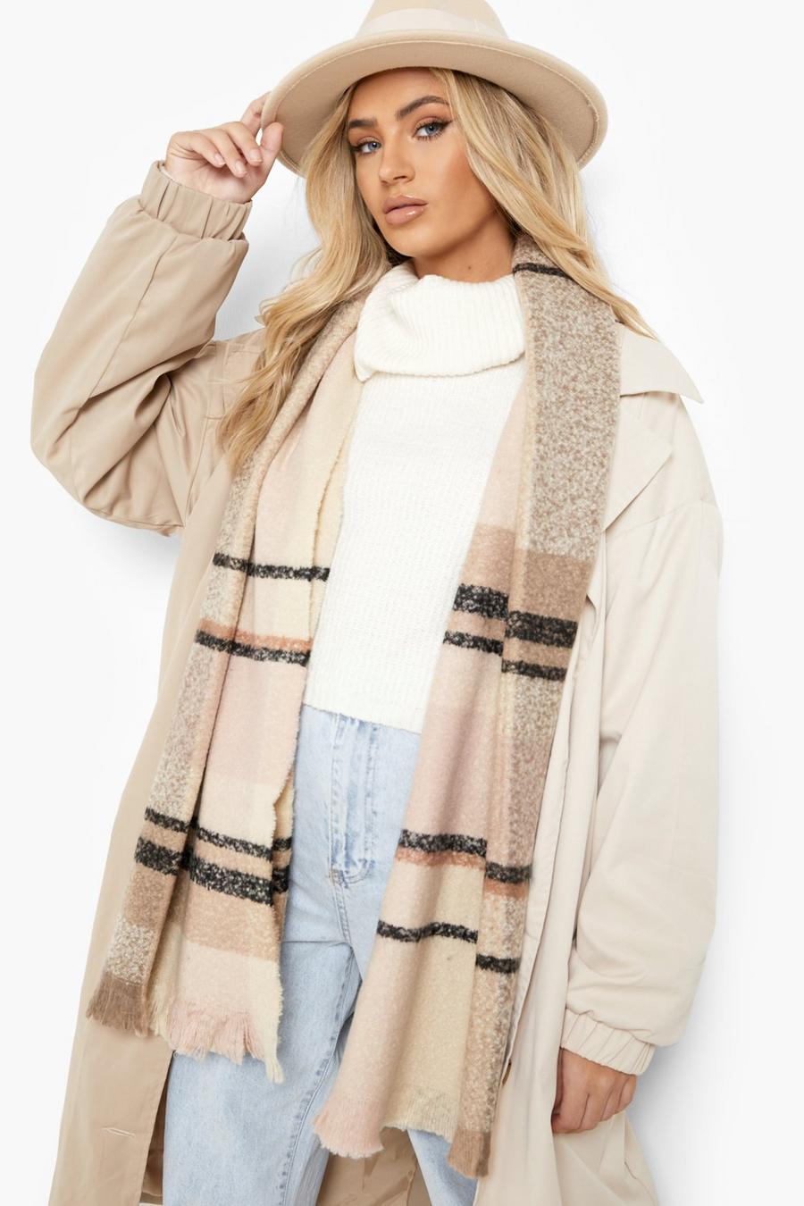 Beige Chunky Check Knitted Fringe Scarf image number 1