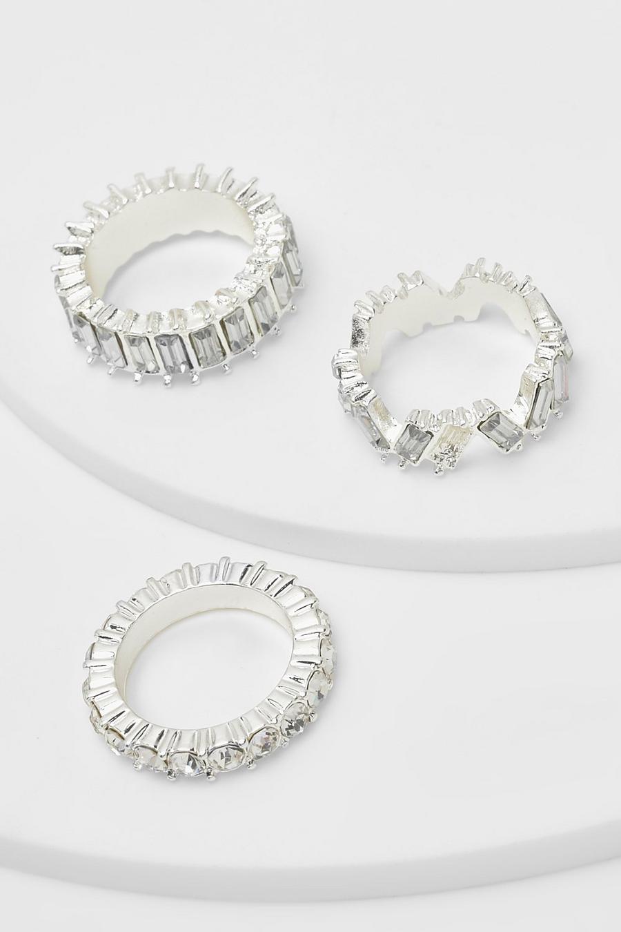 Silver Diamante Rings 3 Pack image number 1