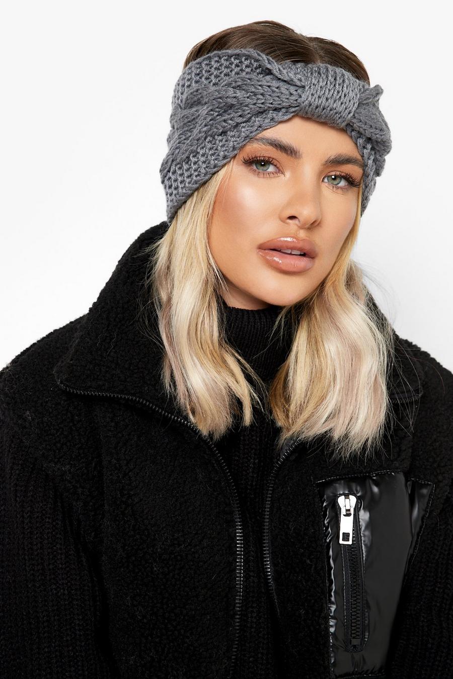 Grey Chunky Cable Knit Knot Front Headband image number 1