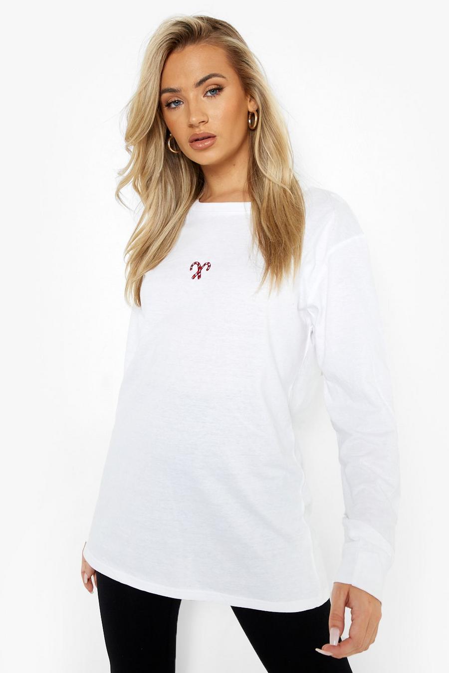 White Candy Cane Embroidered Long Sleeve T-shirt image number 1