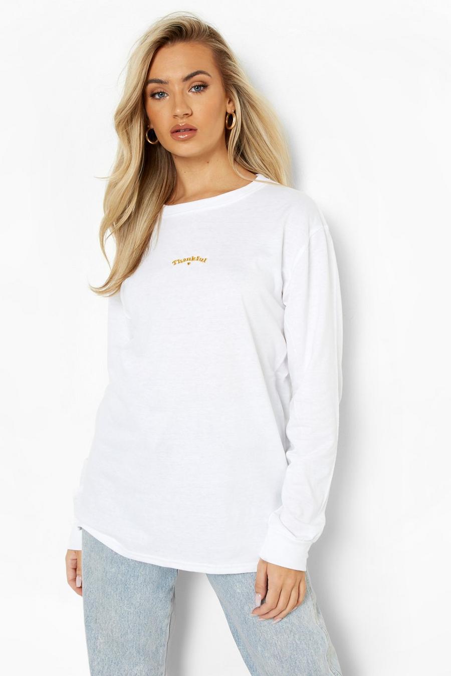 White Thankful Embroidered Long Sleeve T-shirt image number 1