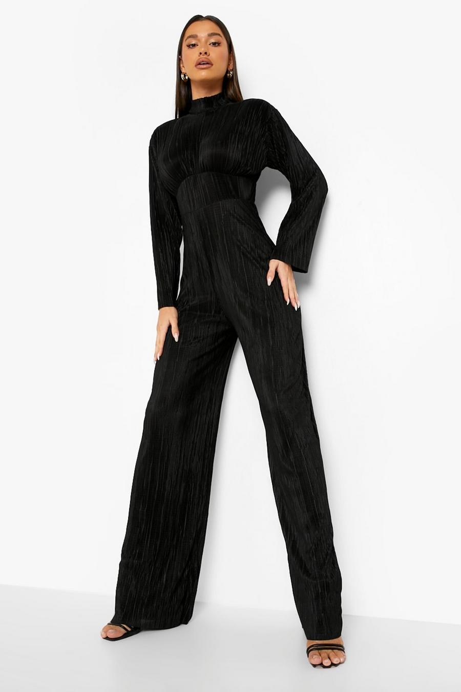 Black Plisserad jumpsuit med hög och vida ben