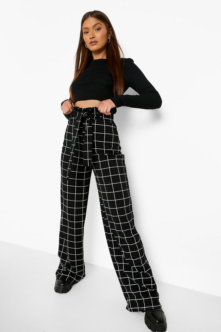 Black Grid Flannel Paperbag Belted Wide Leg Pants image number 1